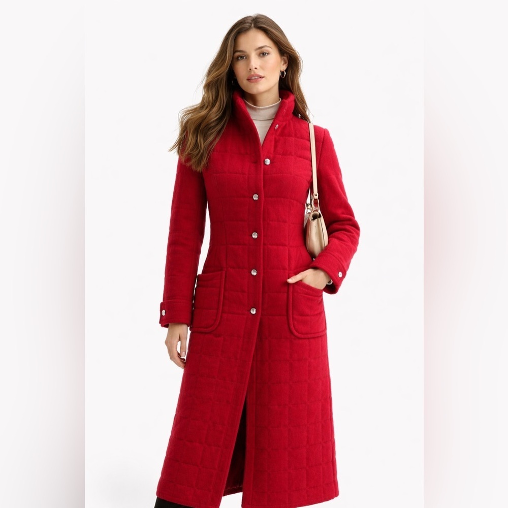 Vintage Red 100% Wool Long Coat Quilted Old Money Quiet Luxury Women 4 Small